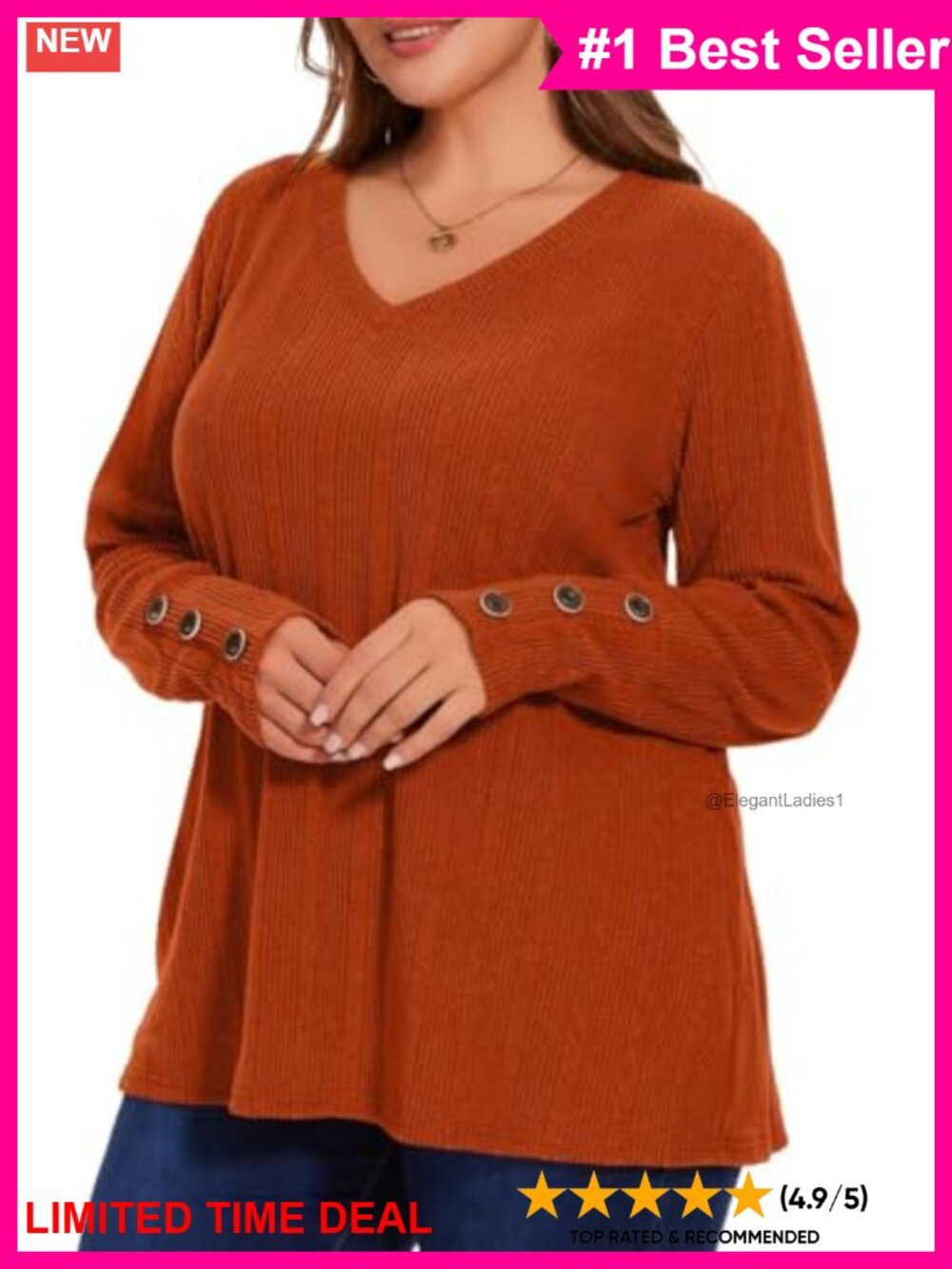 Womens Plus Size Tunic Top V Neck Long Sleeve Button Cuff Loose Fit